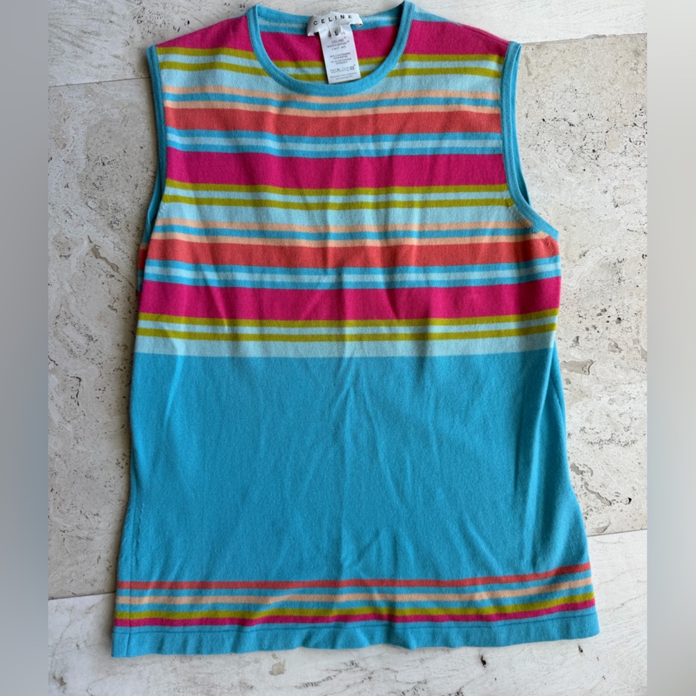 Celine cashmere spandex pink green blue horizontal striped sleeveless top Large